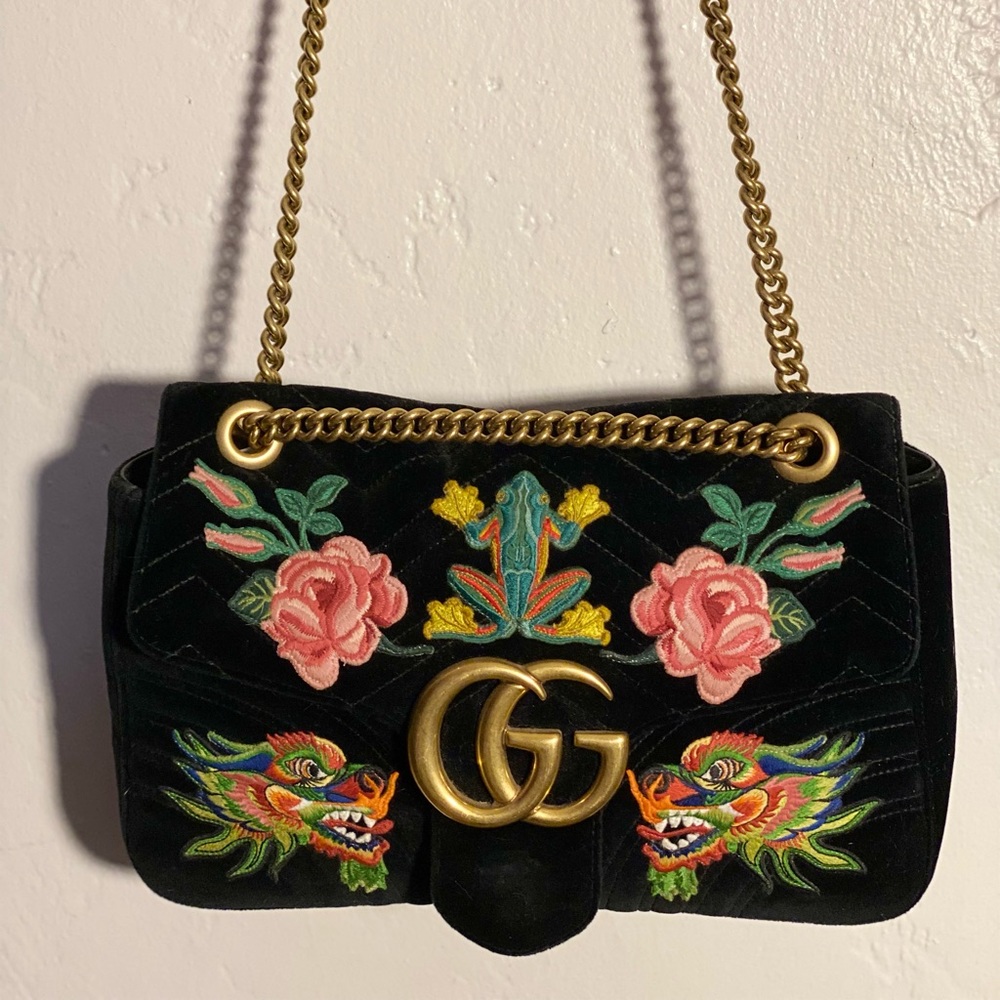 Gucci 110th Anniversary Marmont Medium Embroidered Black Velvet Shoulder Bag